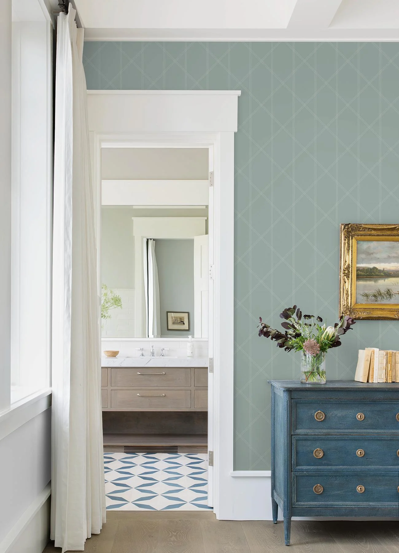 A-Street Prints Walcott Seafoam Stitched Trellis Wallpaper - Image 2