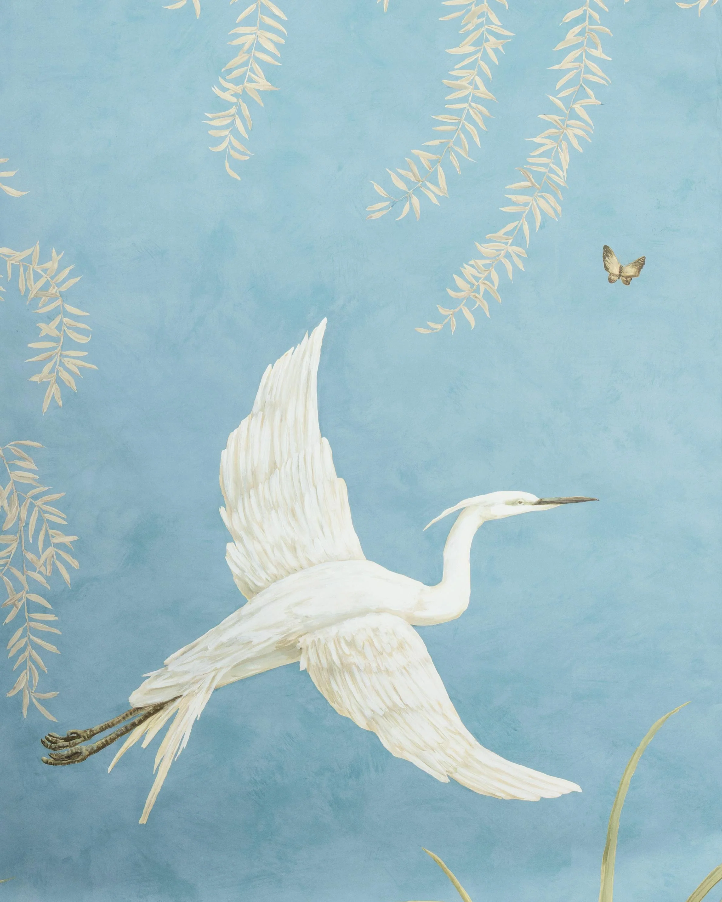 Brunschwig & Fils Egret Marsh Mural Blue Wallpaper