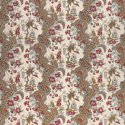 Brunschwig & Fils Les Pecheurs Cotton Print C Rimson With Blue Fabric
