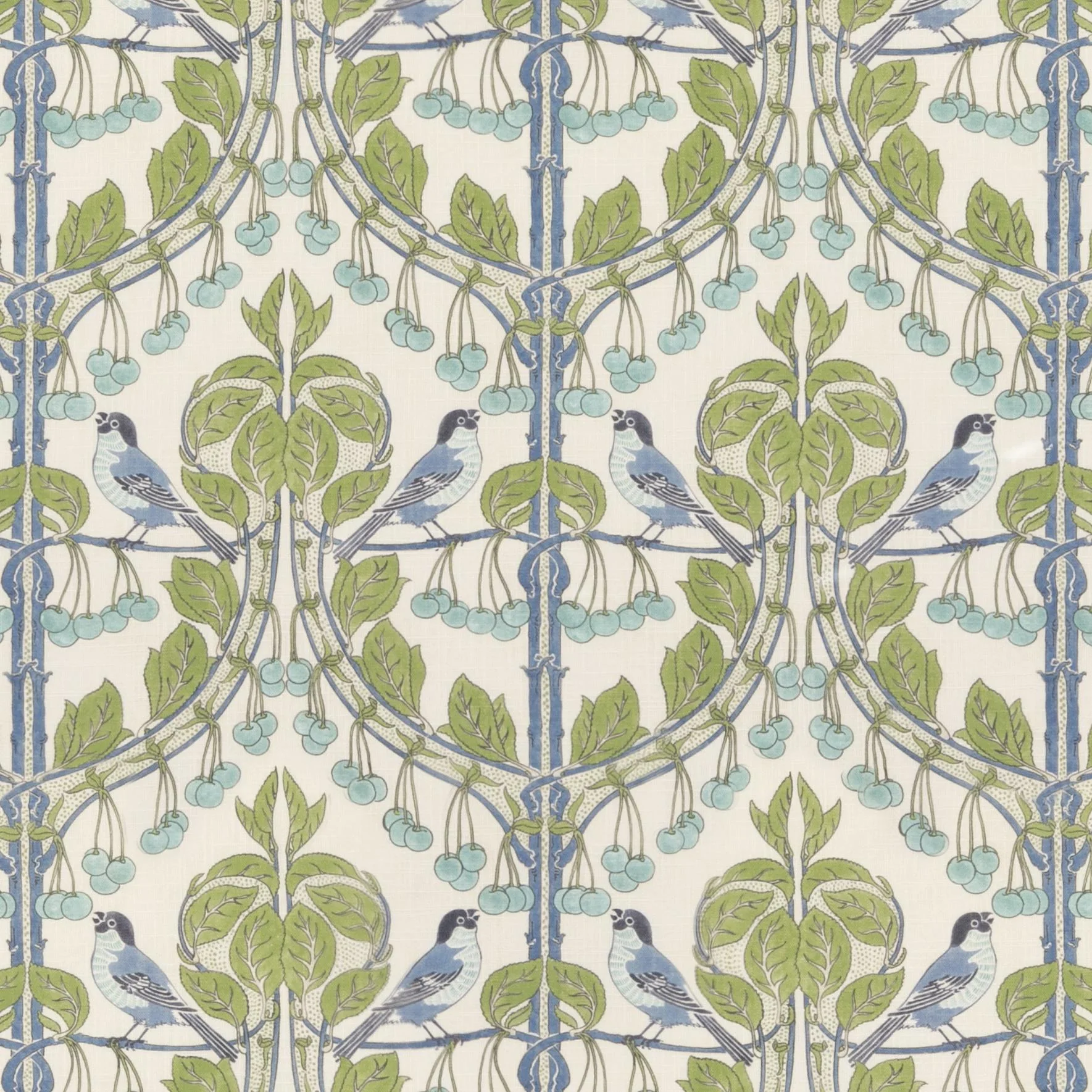 G P & J Baker Birds & Cherries Green/Blue Fabric - Image 2