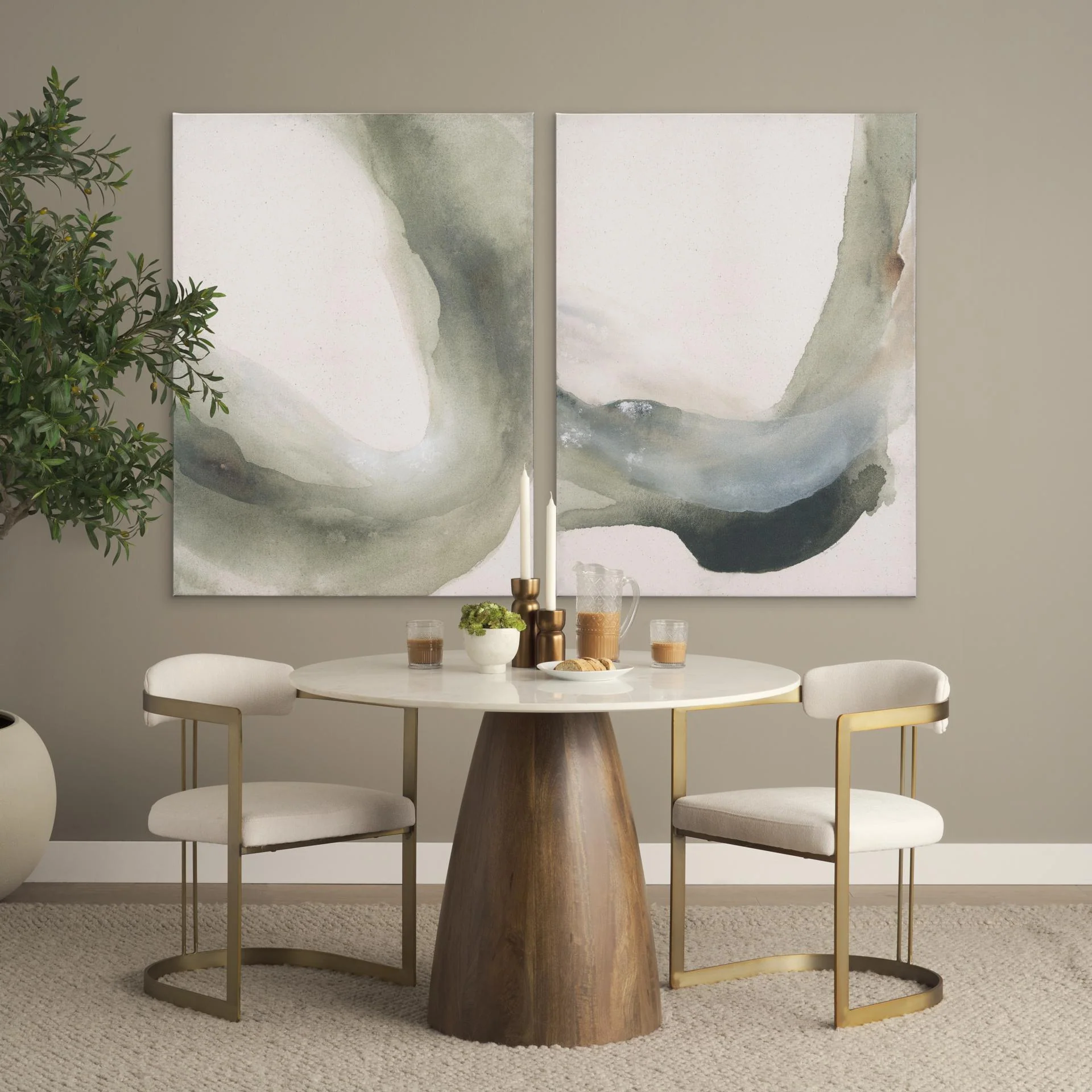 Mercana Allyson 42" Round Brown Wood Pedestal W/Banswara White Marble Top Dining Table - Image 2
