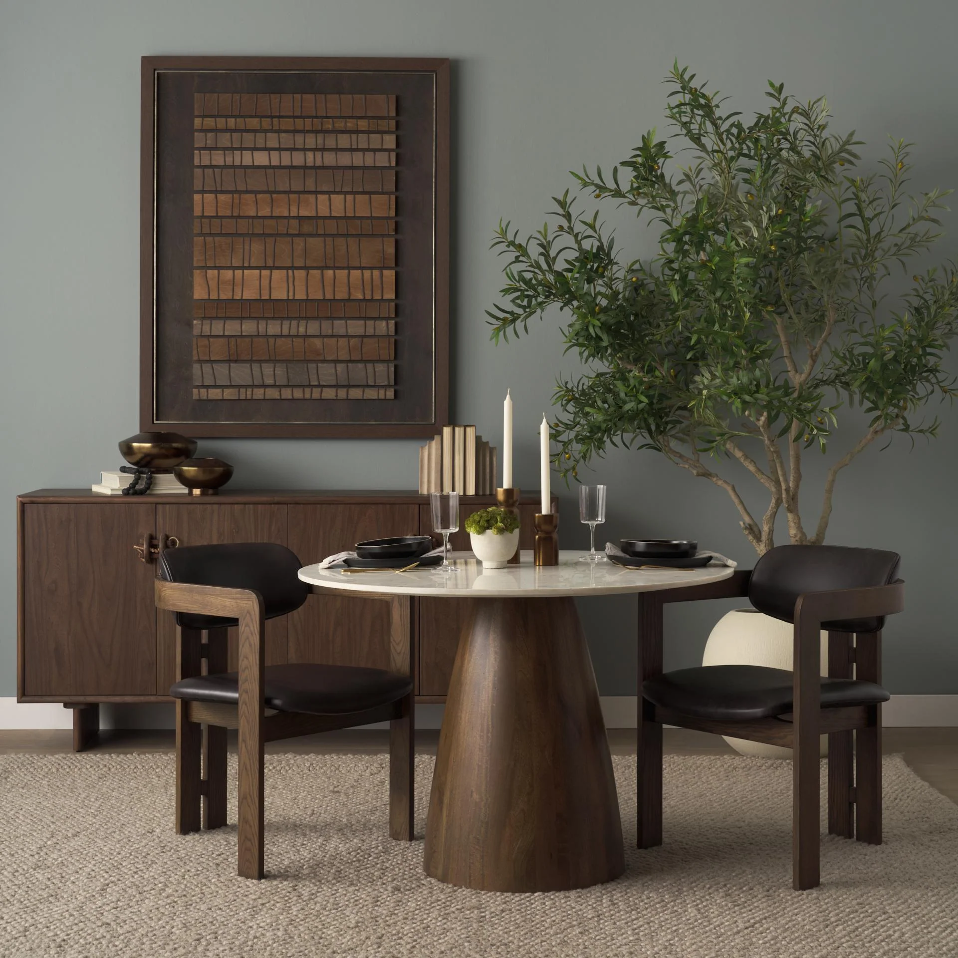 Mercana Allyson 42" Round Brown Wood Pedestal W/Banswara White Marble Top Dining Table - Image 3