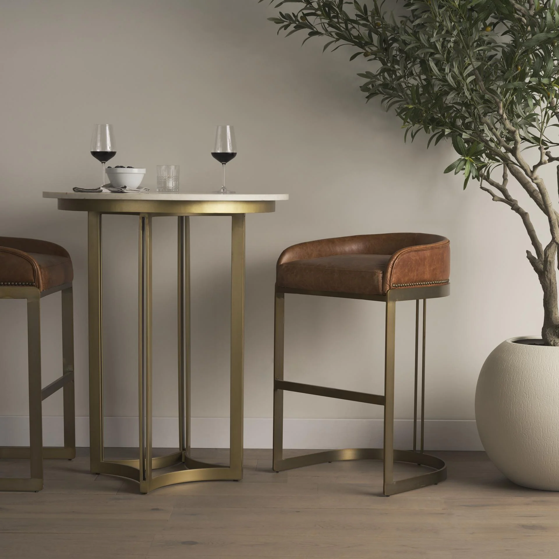 Mercana Hollyfield Ii Brown Leather Seat Gold Metal Base Bar Stool - Image 3