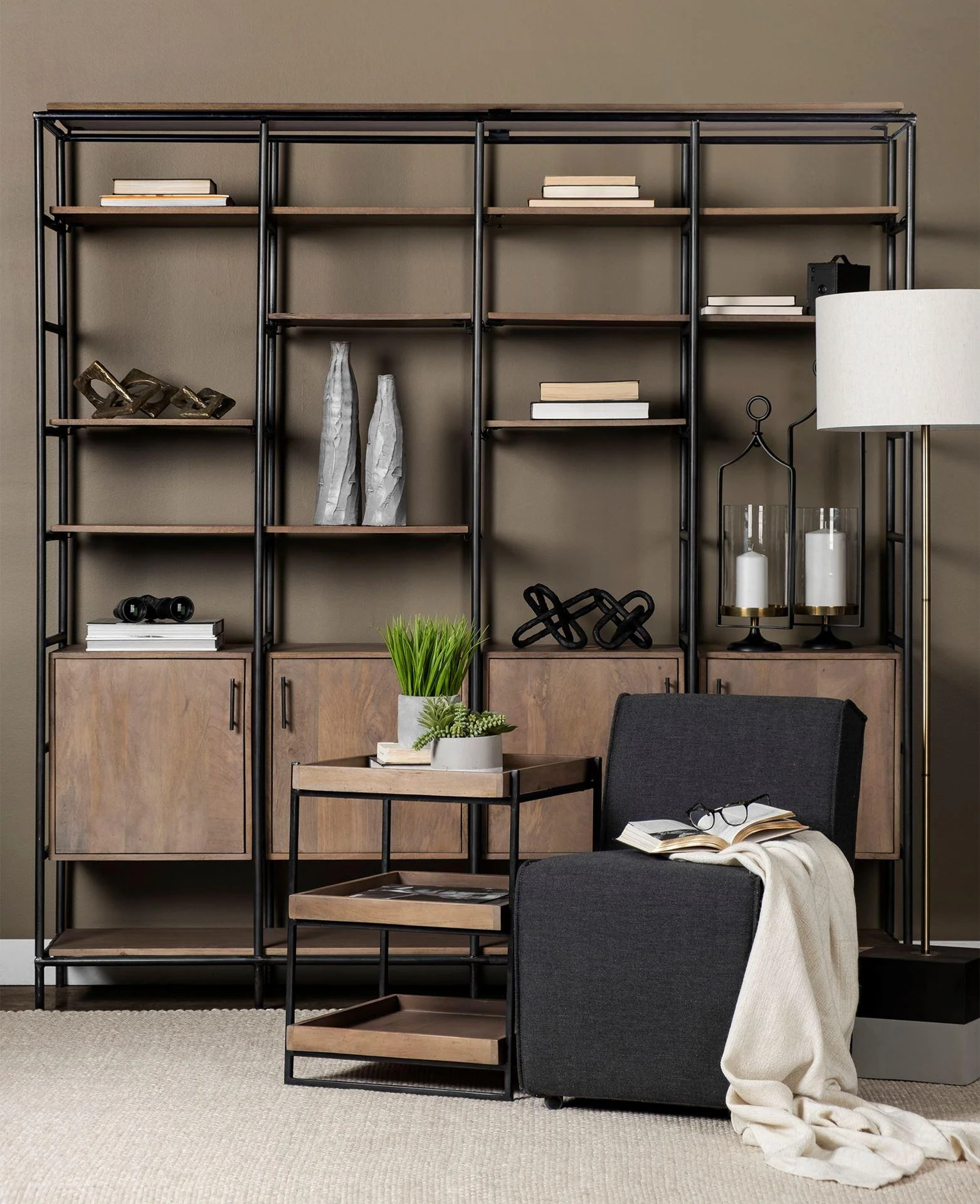 Mercana Trey Iii 20" X 26" Square Medium Brown Wooden Three-Tiered Black Iron Frame End/Side Table - Image 2