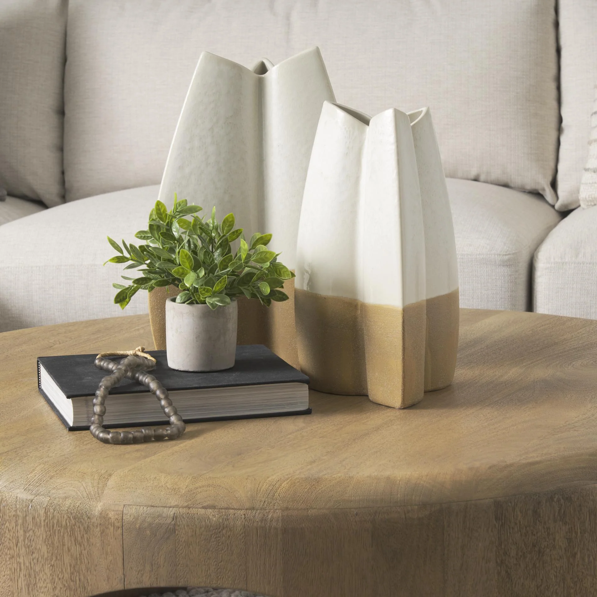 Mercana Vania Small Off White W/ Tan Textured Ceramic Vase - Image 3