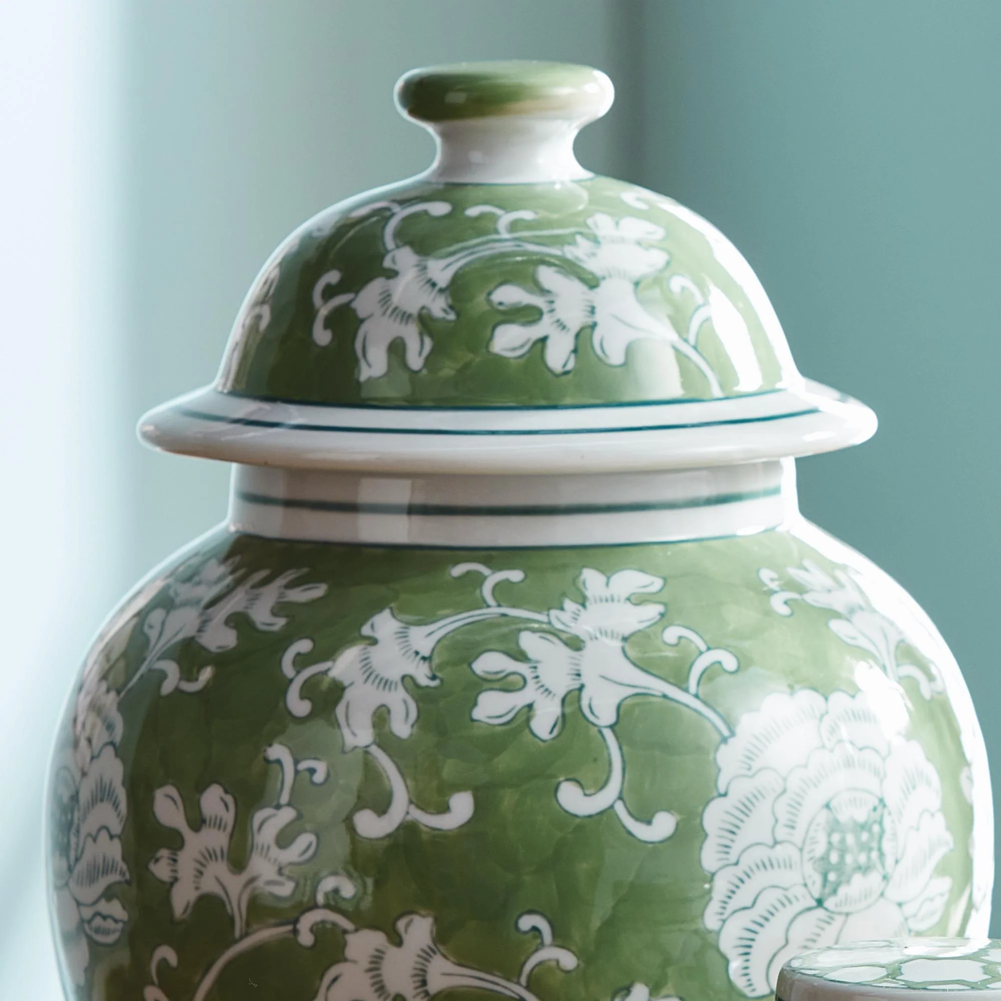 Napa Green/White Imperial Lotus Lidded Ginger Jar - Image 5