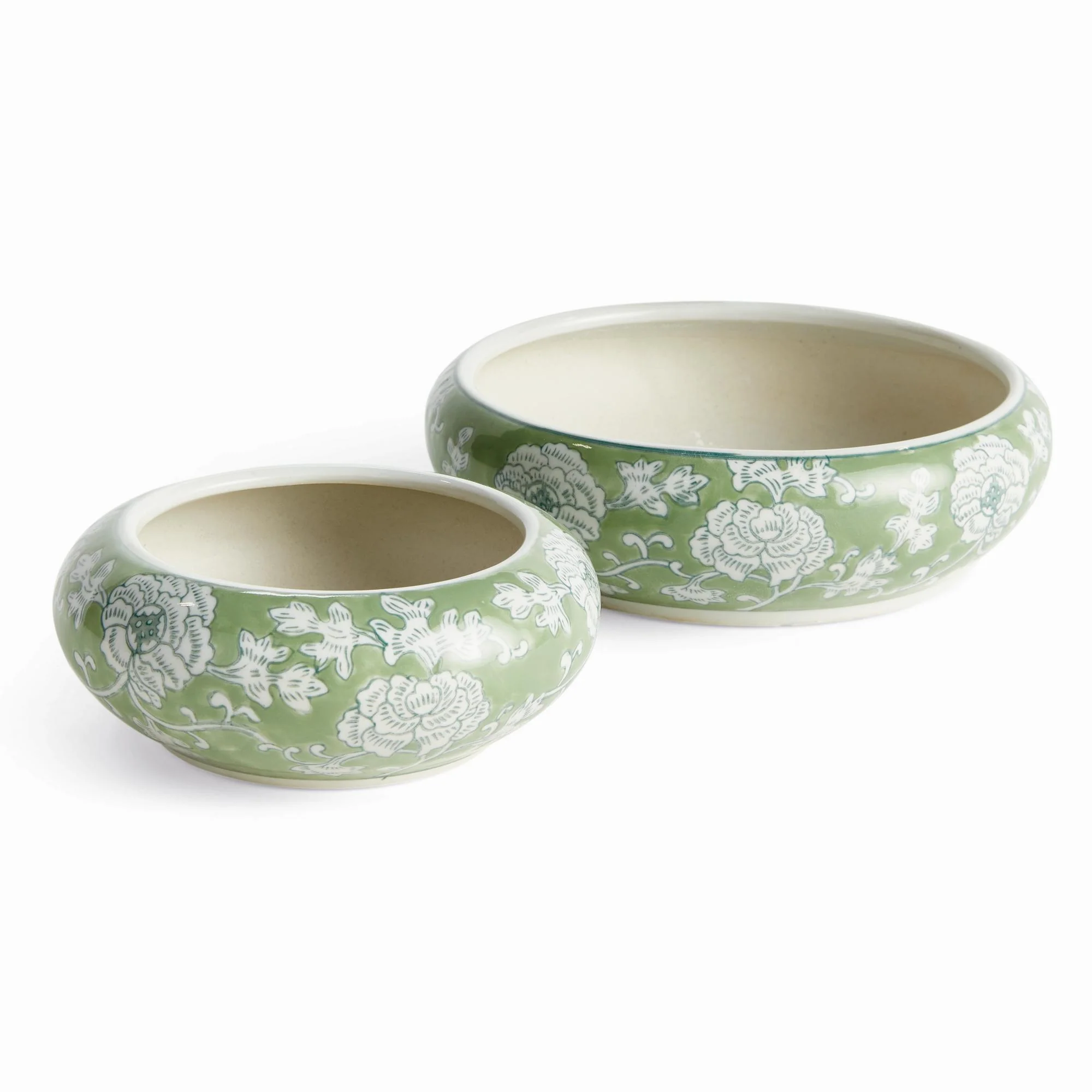 Napa Green/White Imperial Lotus Low Pots, Set Of 2