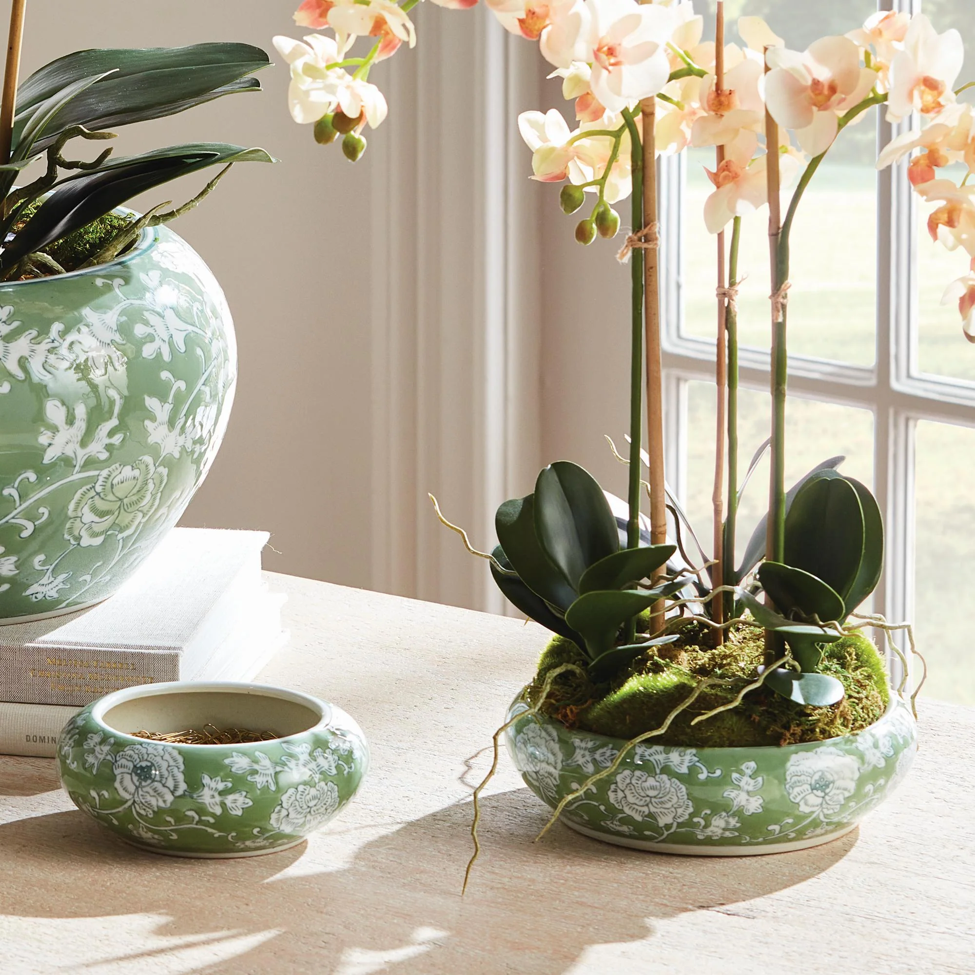 Napa Green/White Imperial Lotus Low Pots, Set Of 2 - Image 7