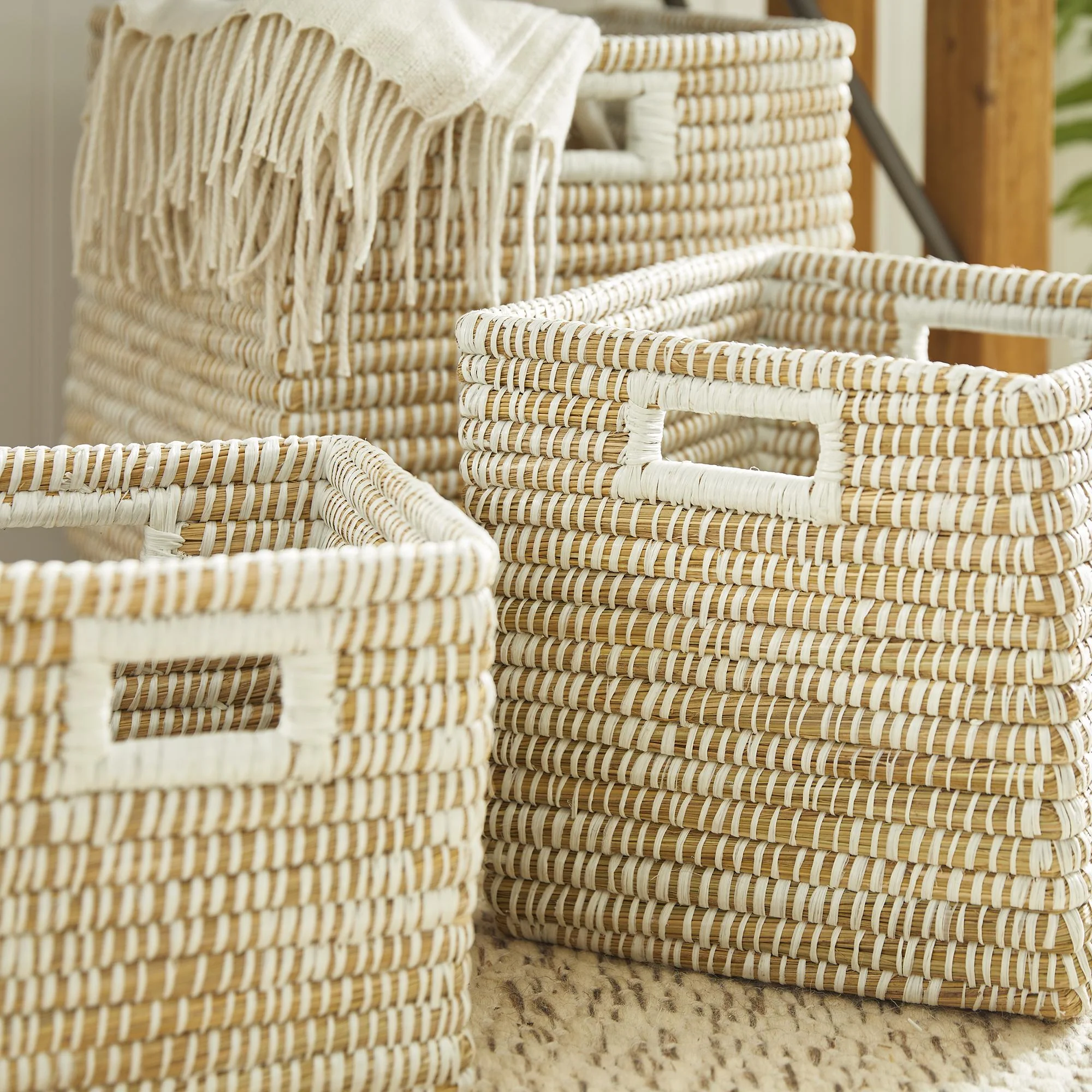 Napa White Rivergrass Square Baskets With Handles, Set Of 3 - Image 3