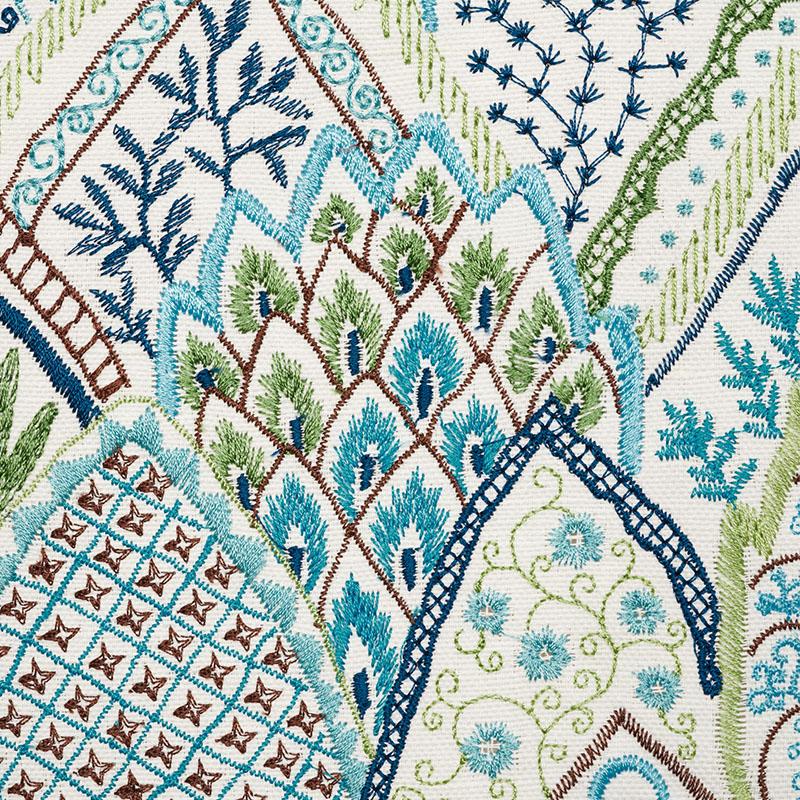 Schumacher Albizia Embroidery Blue & Green Fabric - Image 3