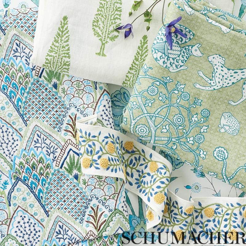 Schumacher Albizia Embroidery Blue & Green Fabric - Image 6