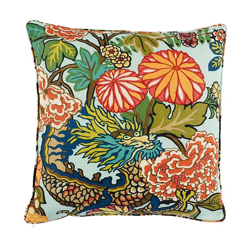 Schumacher Aquamarine 22" X 22" Chiang Mai Dragon Pillow