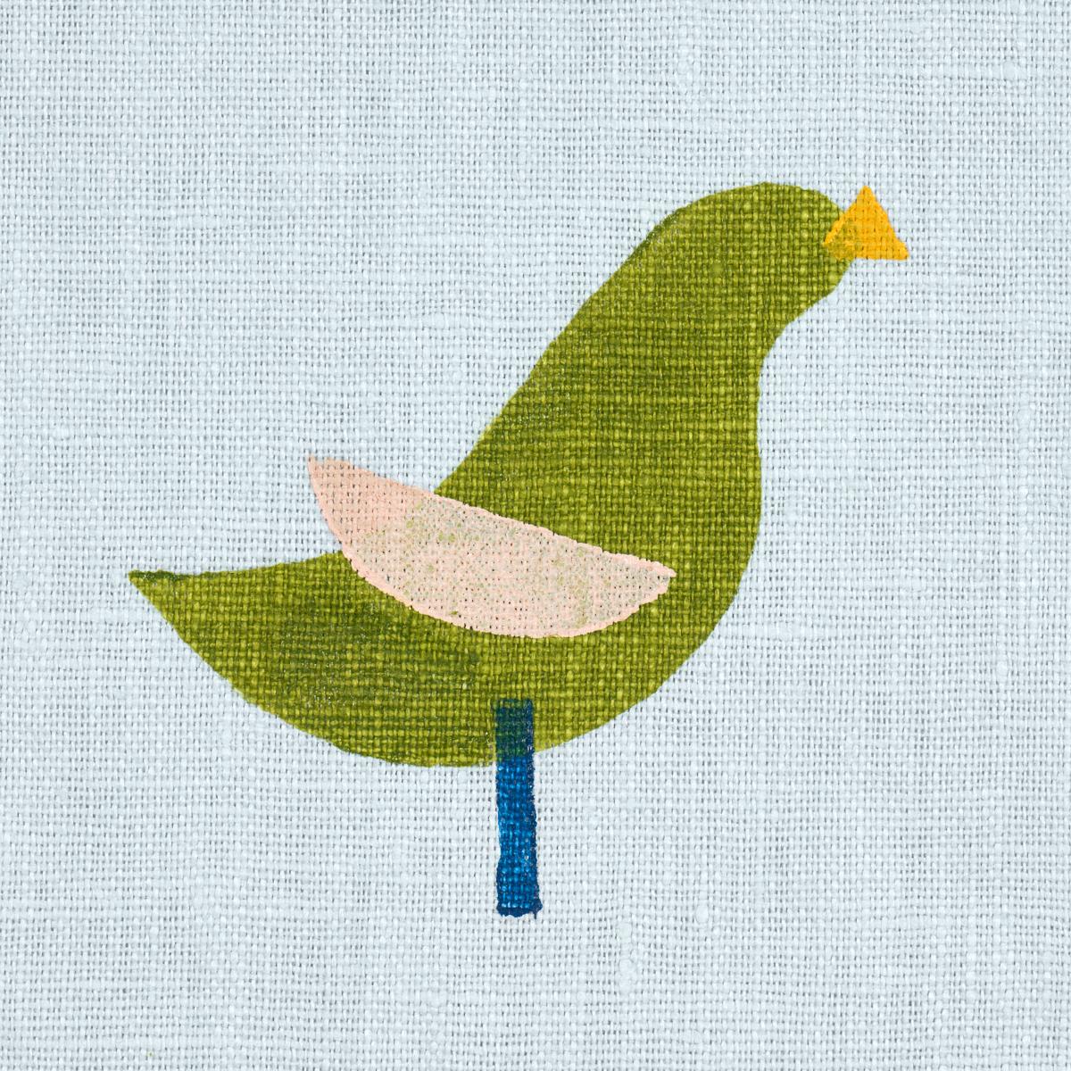 Schumacher Birds Hand Block Print Green On Sky Fabric - Image 3
