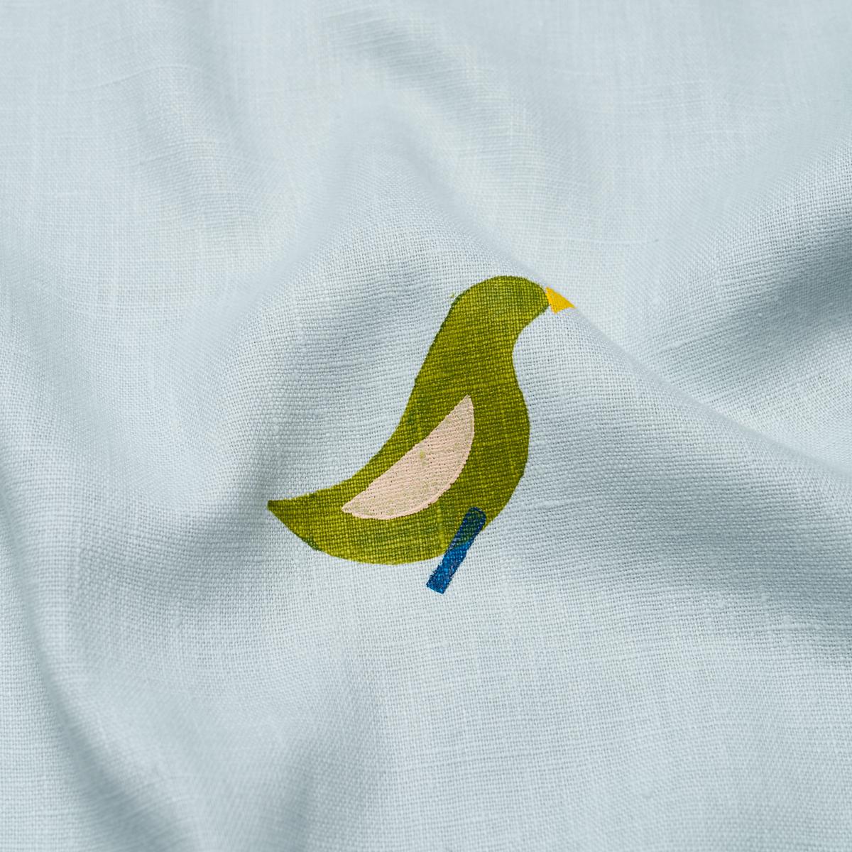 Schumacher Birds Hand Block Print Green On Sky Fabric - Image 4