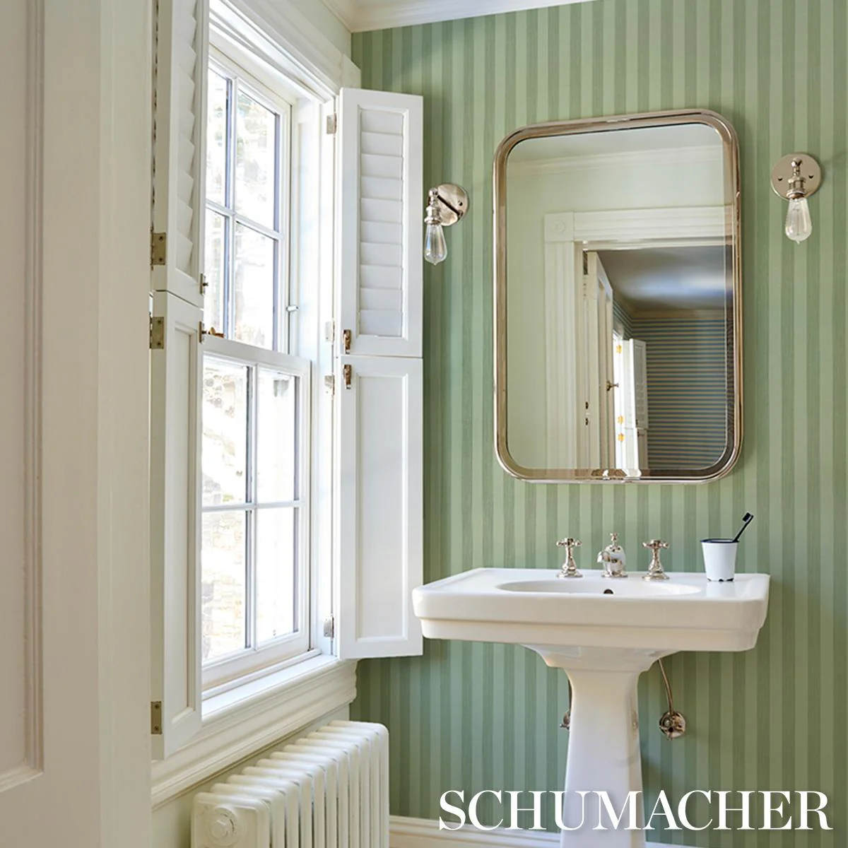 Schumacher Edwin Stripe Medium Sage Wallpaper - Image 4