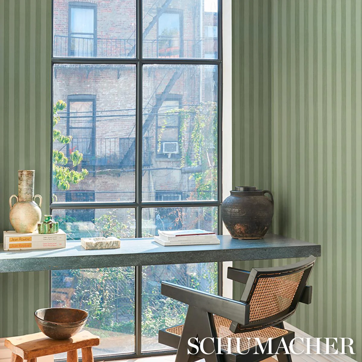 Schumacher Edwin Stripe Medium Sage Wallpaper - Image 5