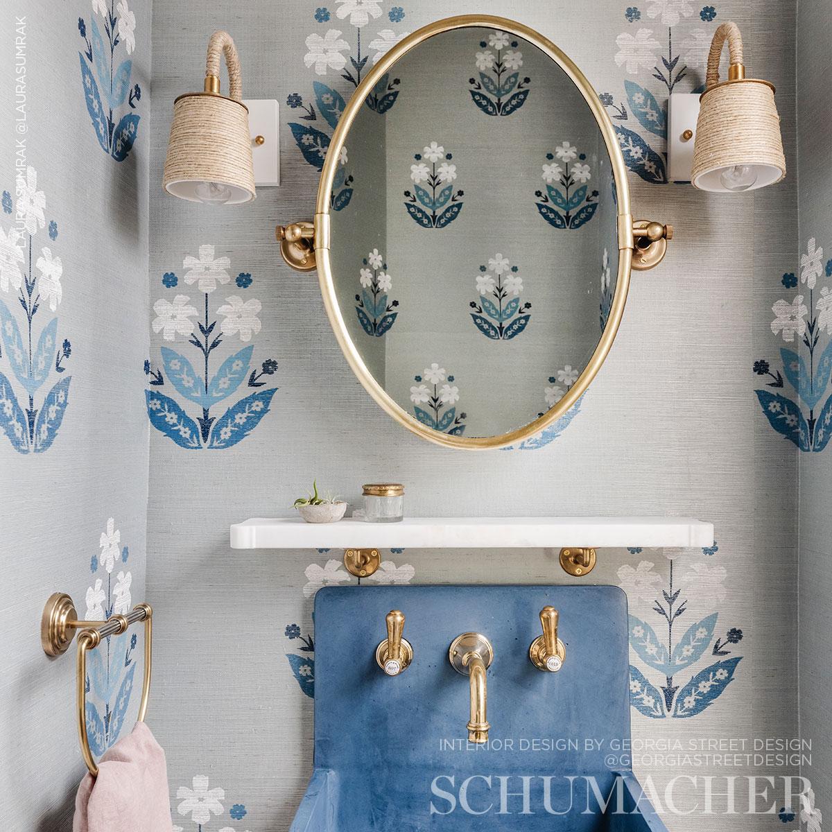 Schumacher Floweret Sisal Blues Wallpaper - Image 4