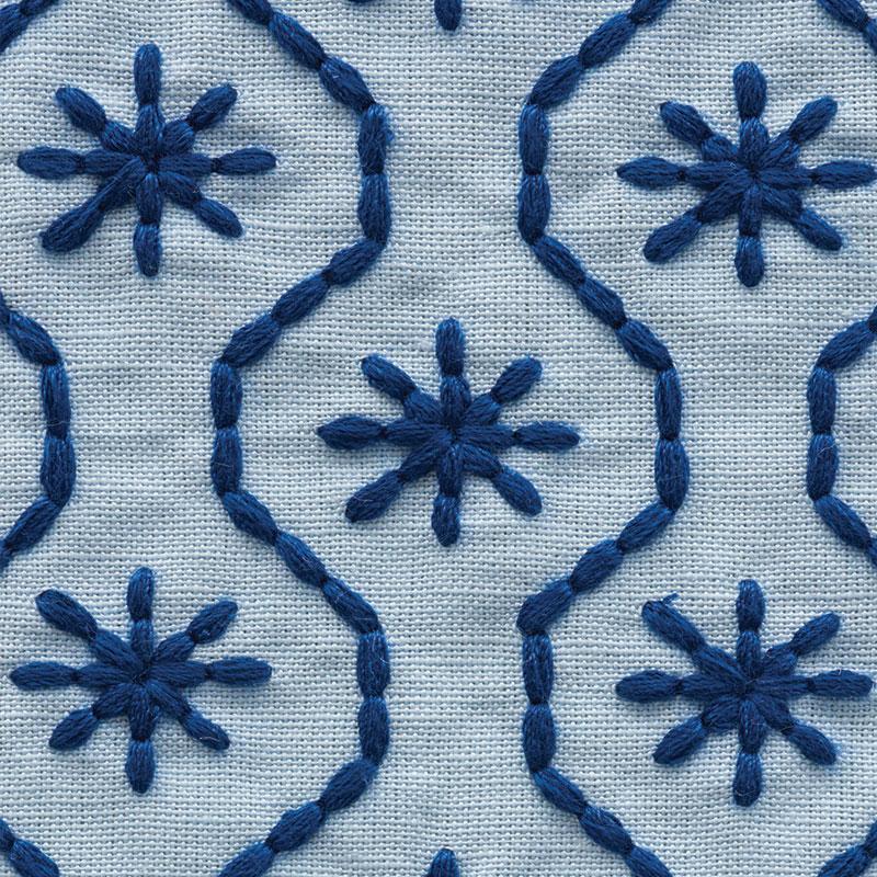 Schumacher Gigi Embroidery Blue Fabric - Image 3