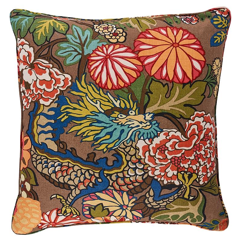 Schumacher Mocha 22" X 22" Chiang Mai Dragon Pillow