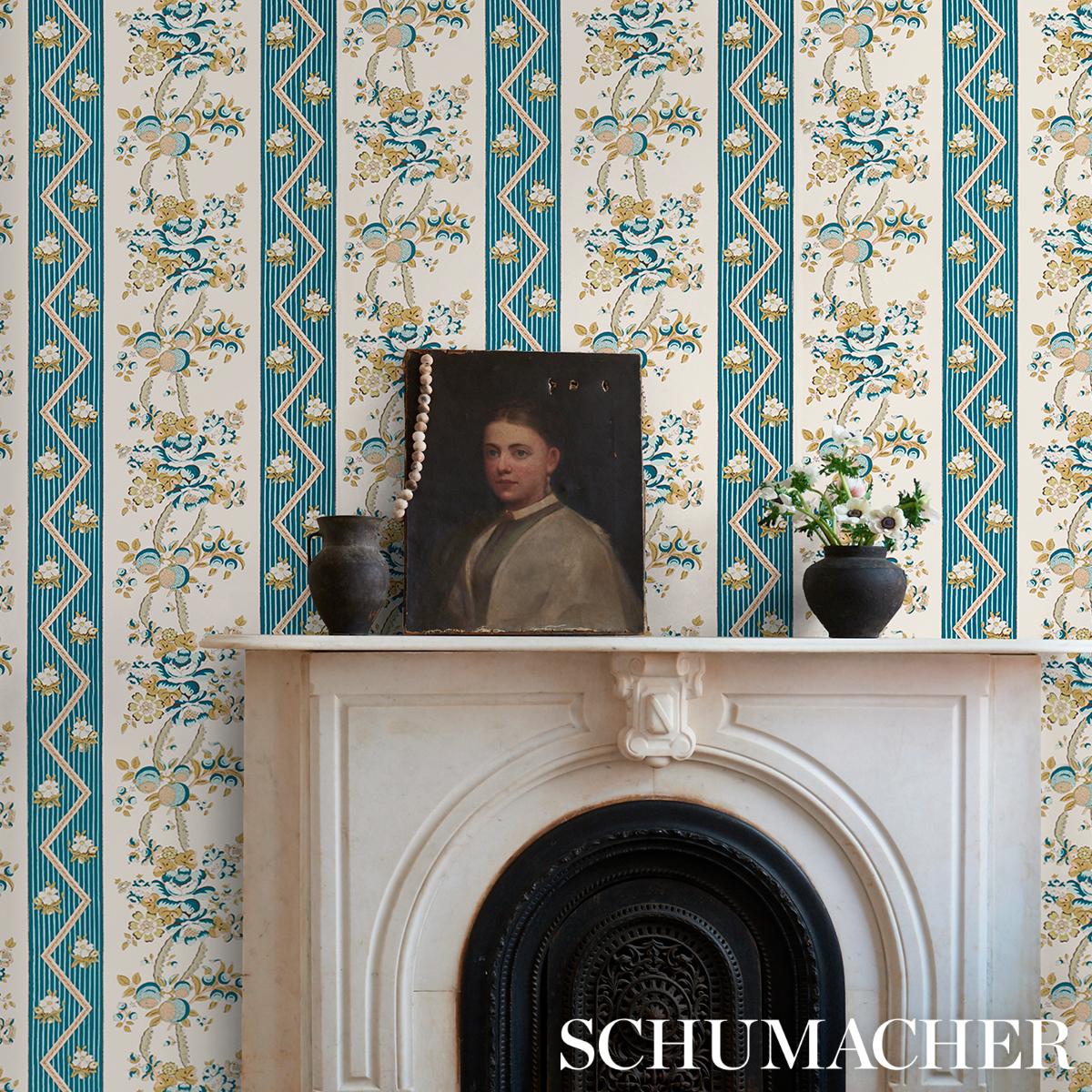 Schumacher Sylvain Floral Stripe Teal Wallpaper - Image 7