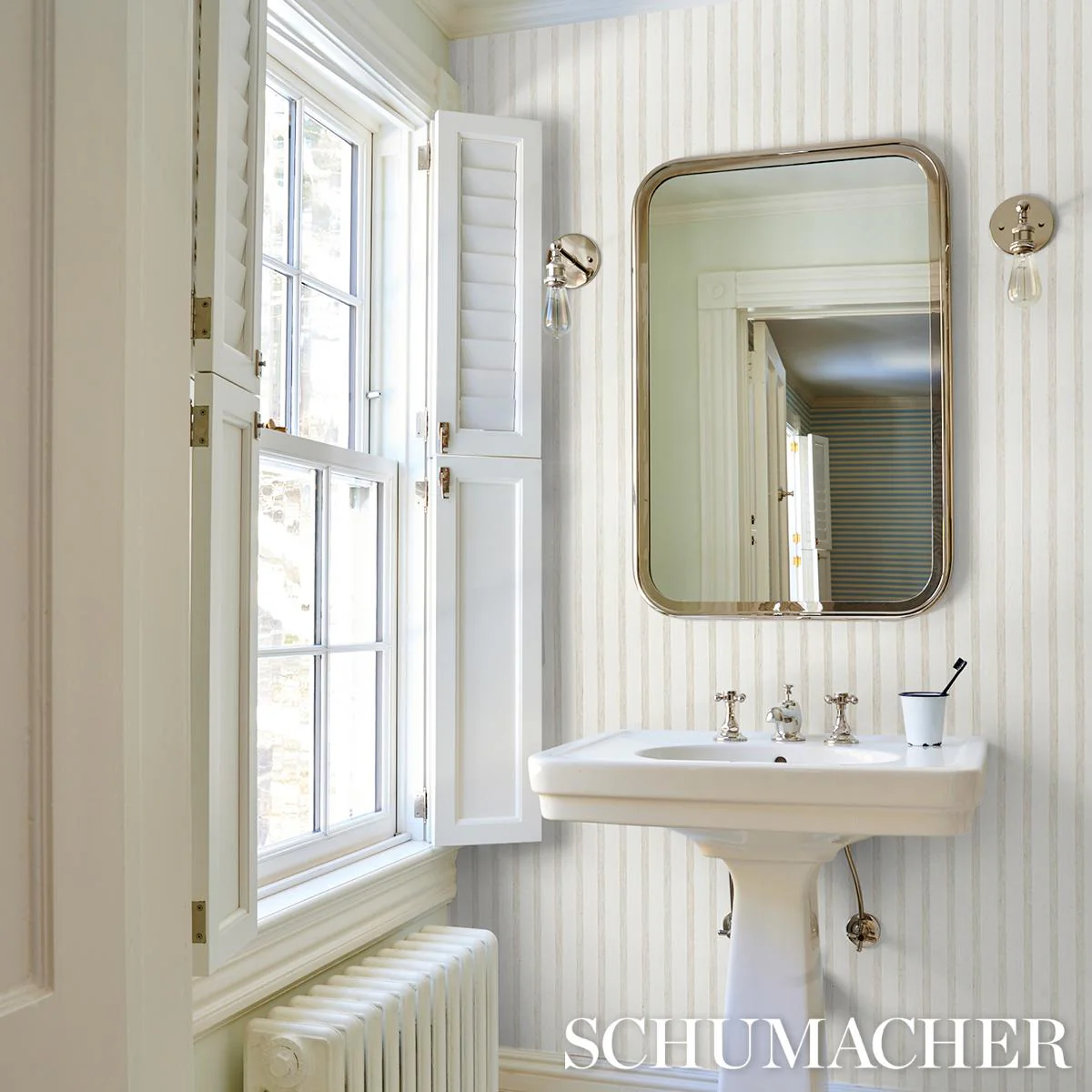 Schumacher Textured Linen Stripe White Wallpaper - Image 7
