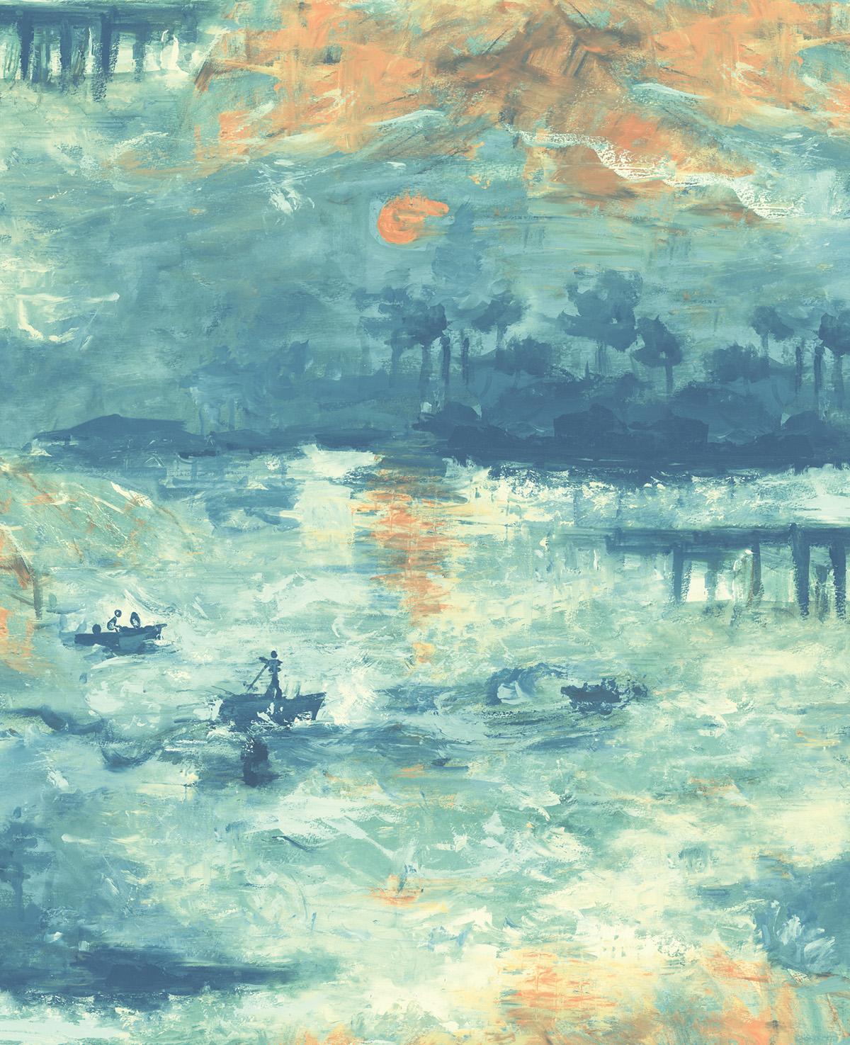 Seabrook Nautical Sunset Navy, Turquoise, And Metallic Gold Wallpaper