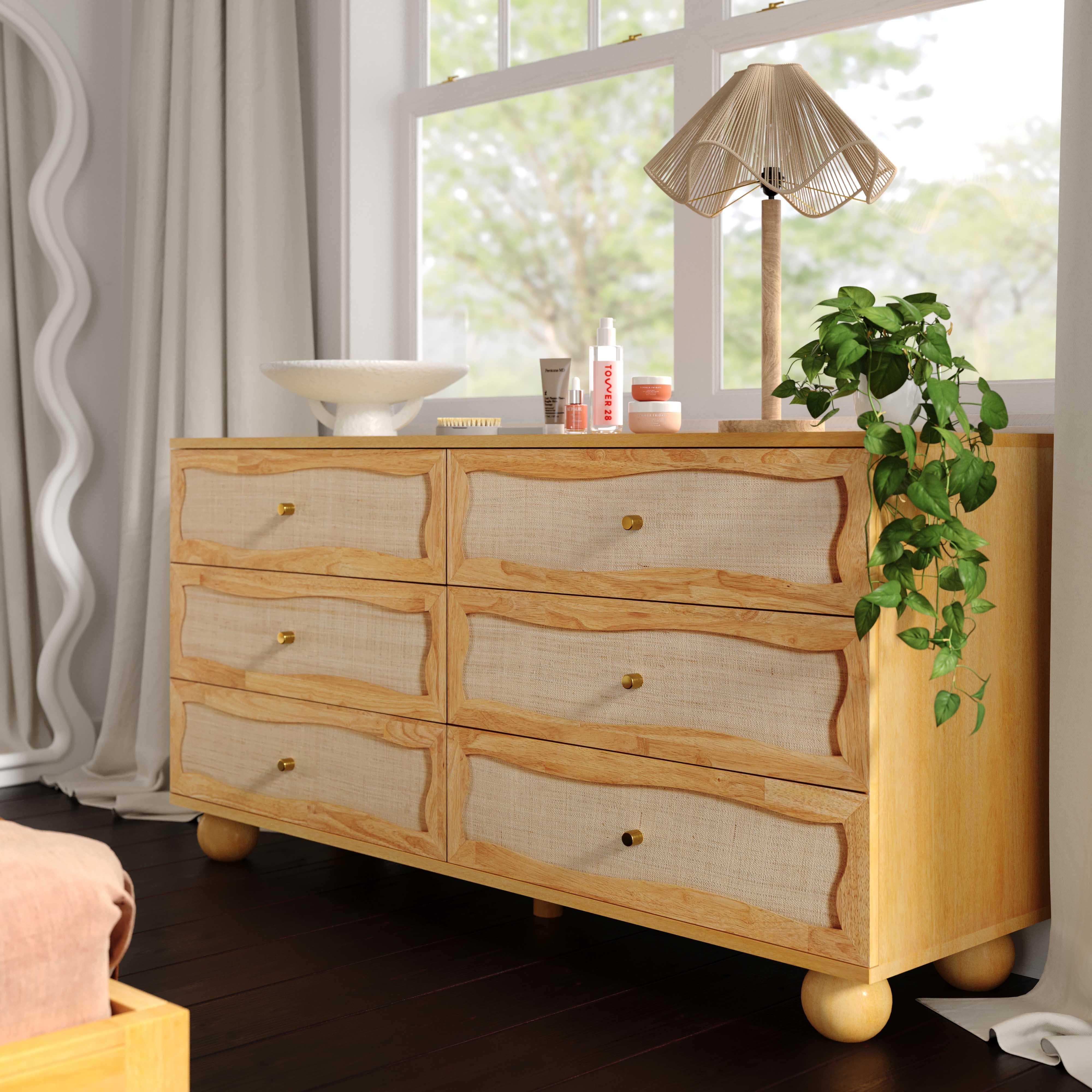 Tov Grappa 62" Natural Wood &Amp; Raffia Wavy 6-Drawer Dresser - Image 3