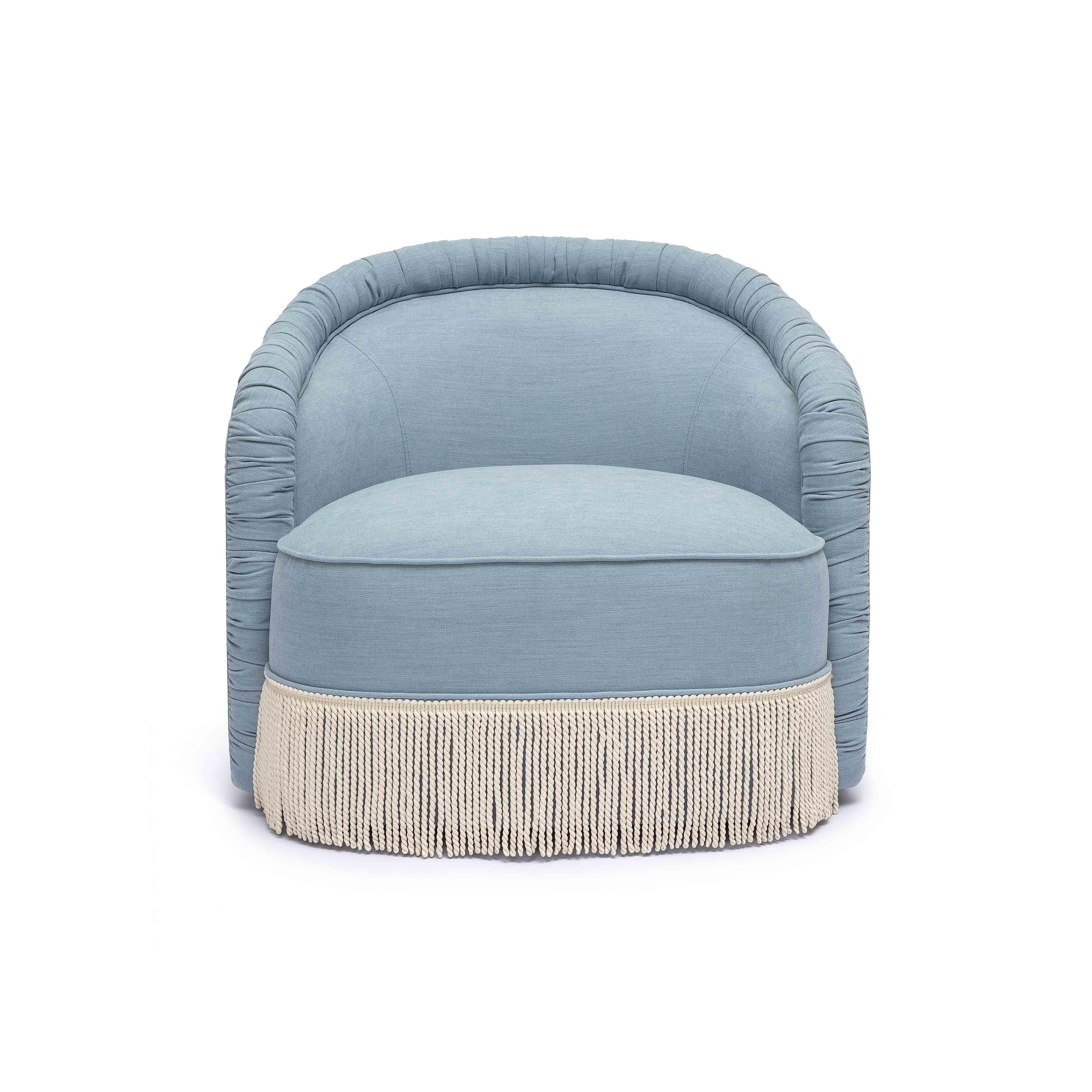 Tov Pamela Faded Blue Upcycled Performance Fabric Tasseled Lounge Accent Chair - Image 3