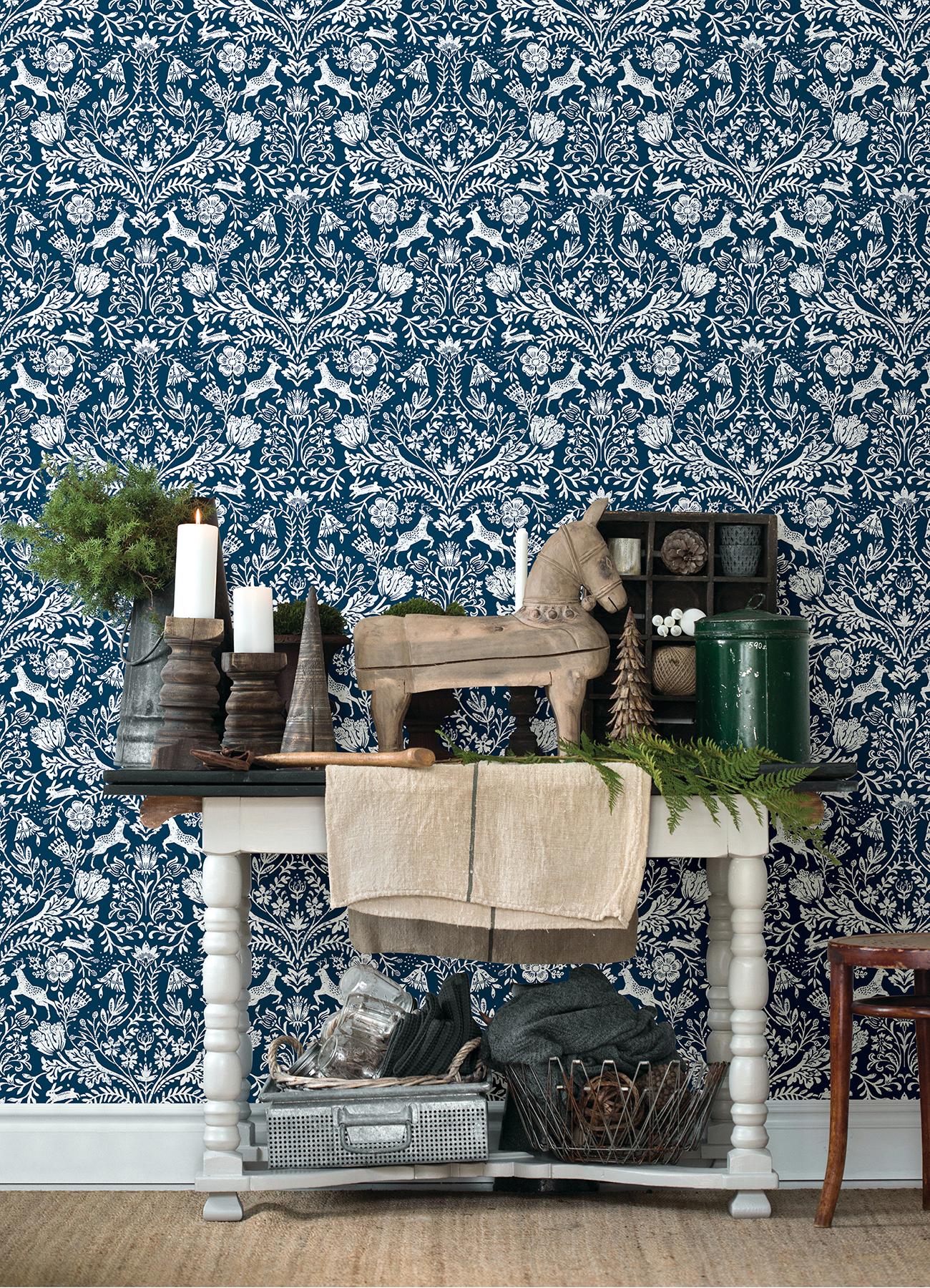 York Forest Dance Navy Damask Wallpaper - Image 2
