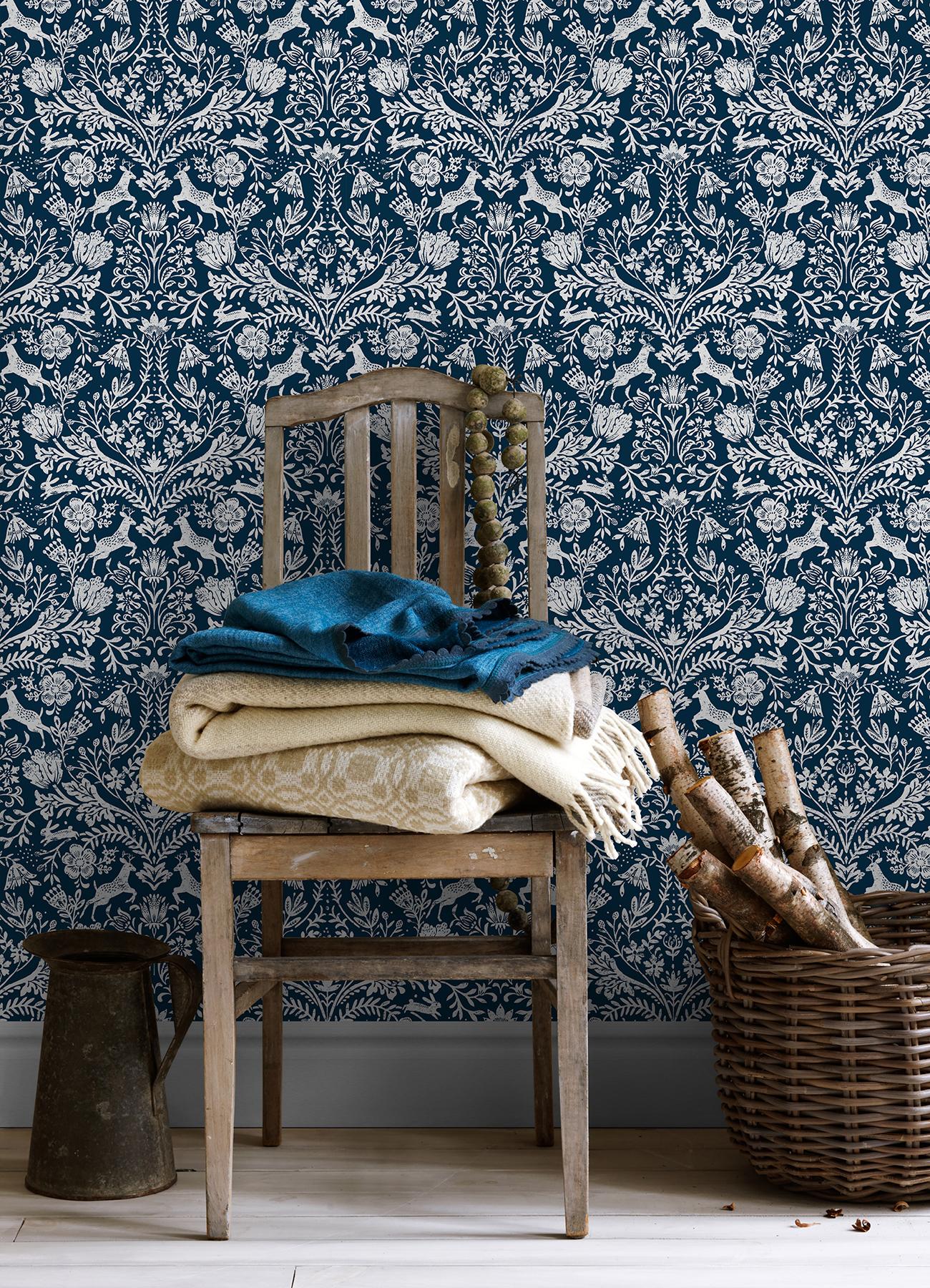 York Forest Dance Navy Damask Wallpaper - Image 3