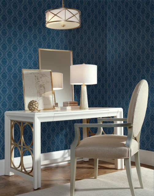 York Small Scale Navy Ogee Wallpaper - Image 3