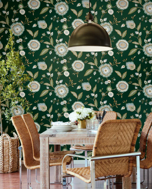 York Wallcoverings Dahlia Blooms Green & Blue Metallic Wallpaper - Image 2