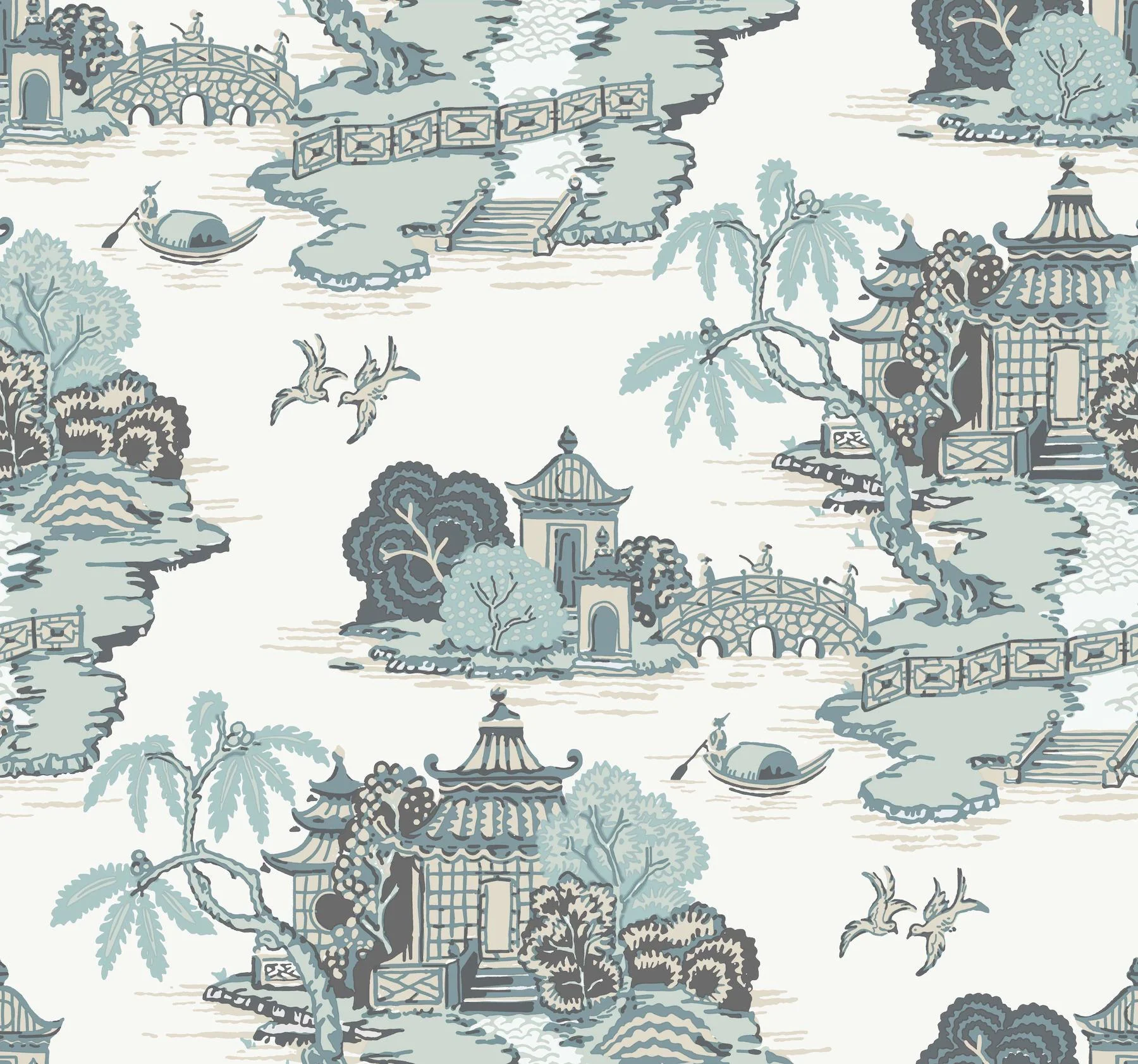 York Wallcoverings Pagoda And Sampan Scenic Seamist Wallpaper